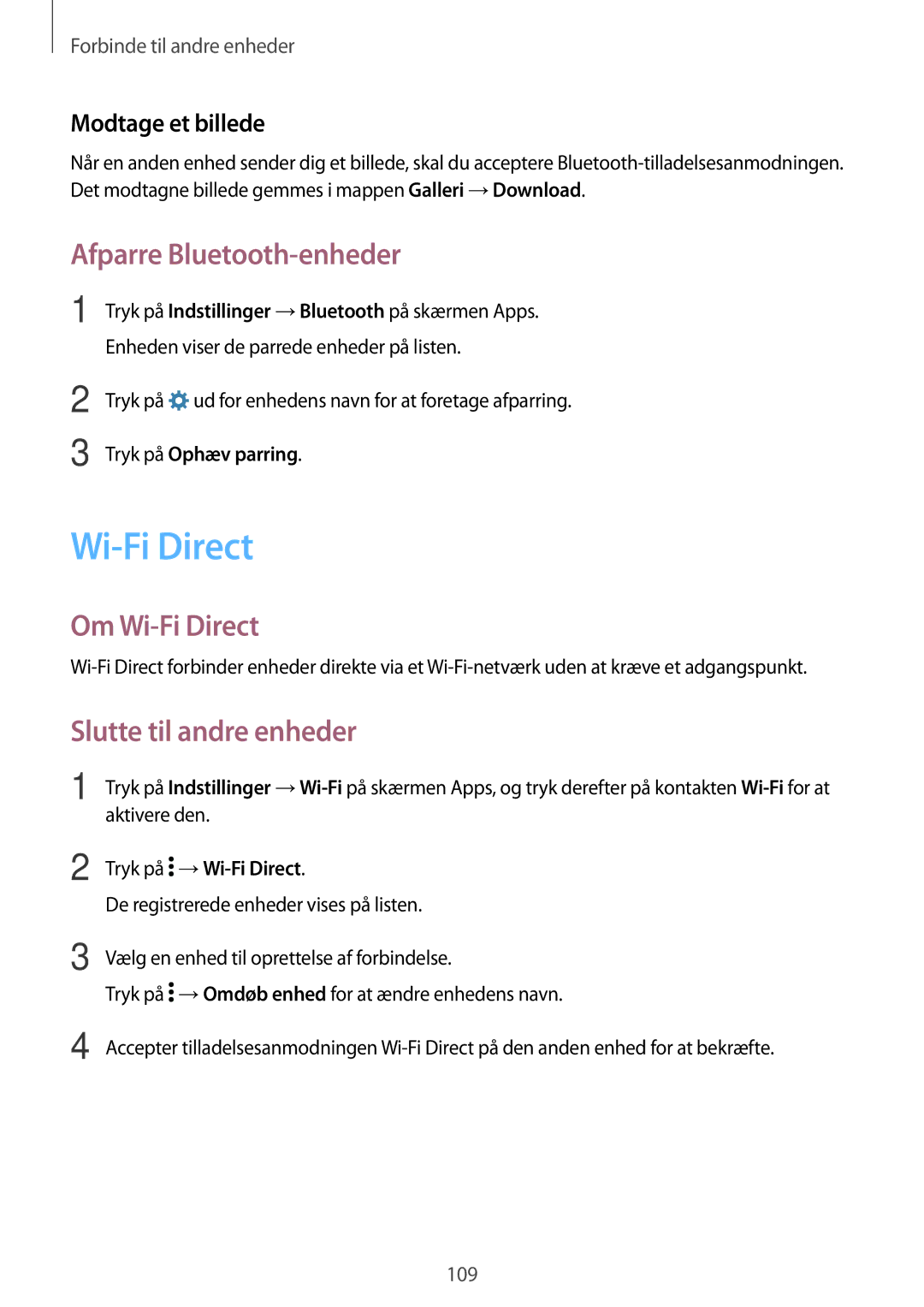 Samsung SM-G870FTSATEN manual Afparre Bluetooth-enheder, Om Wi-Fi Direct, Slutte til andre enheder, Modtage et billede 