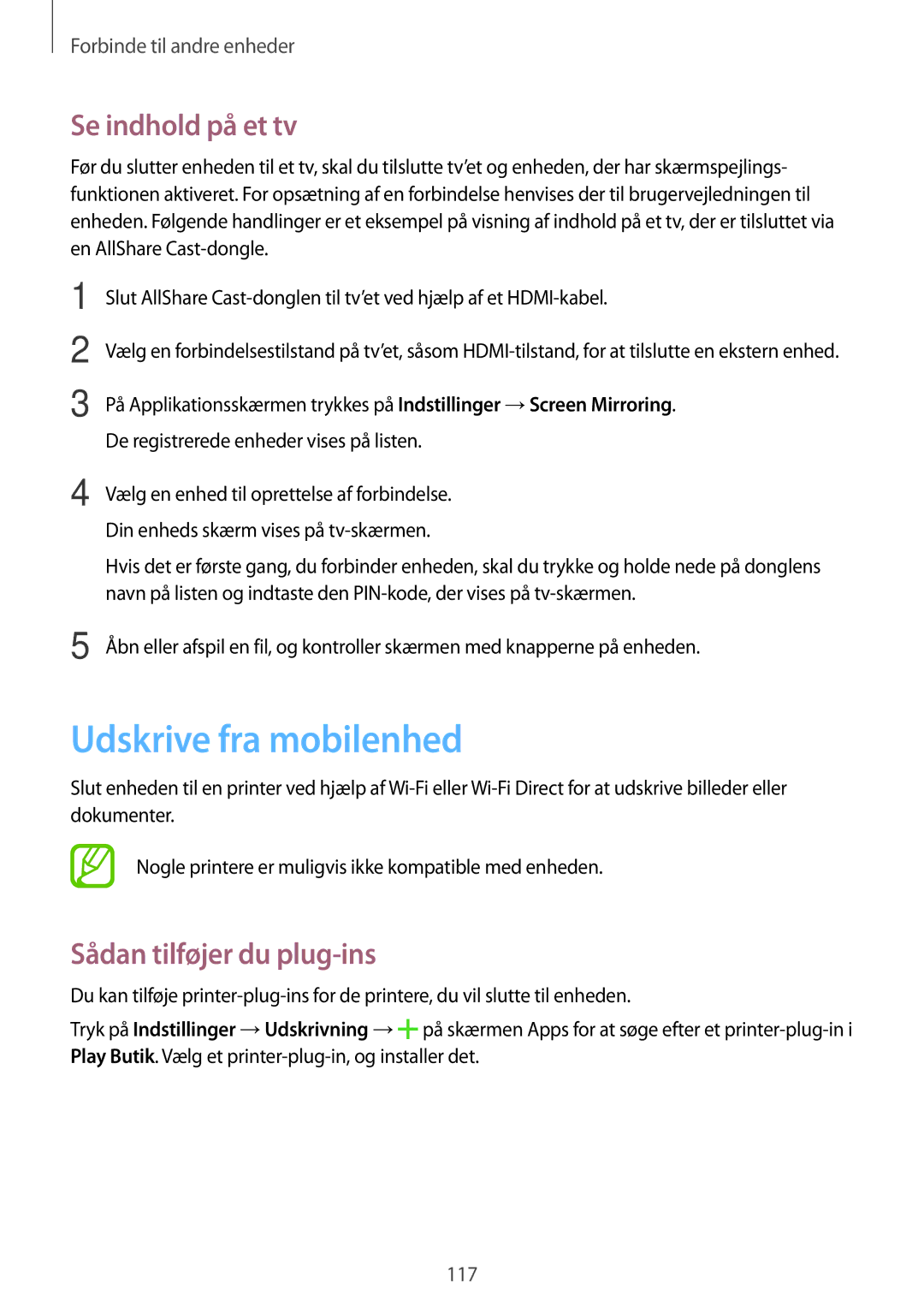 Samsung SM-G870FTSANEE, SM-G870FTSATEN manual Udskrive fra mobilenhed, Se indhold på et tv, Sådan tilføjer du plug-ins 