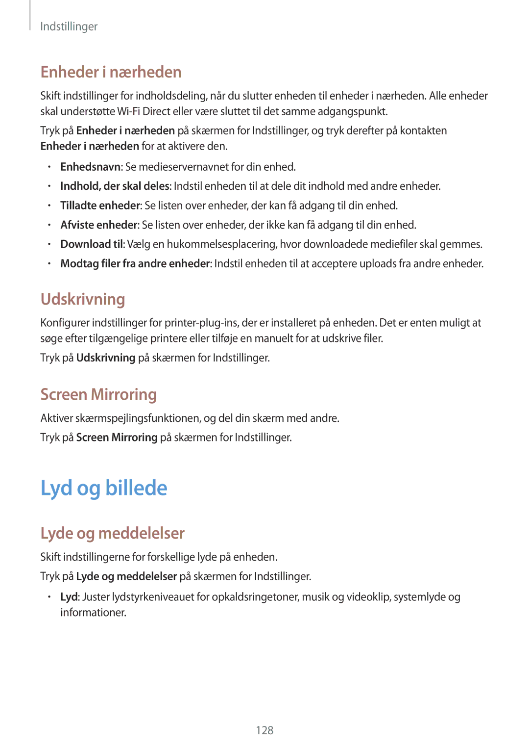 Samsung SM-G870FDGANEE manual Lyd og billede, Enheder i nærheden, Udskrivning, Screen Mirroring, Lyde og meddelelser 