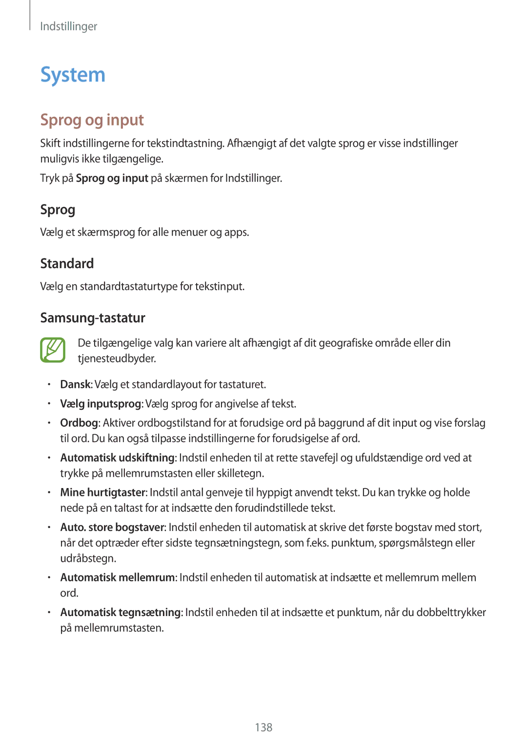 Samsung SM-G870FTSANEE, SM-G870FTSATEN, SM-G870FDGANEE manual System, Sprog og input, Standard, Samsung-tastatur 