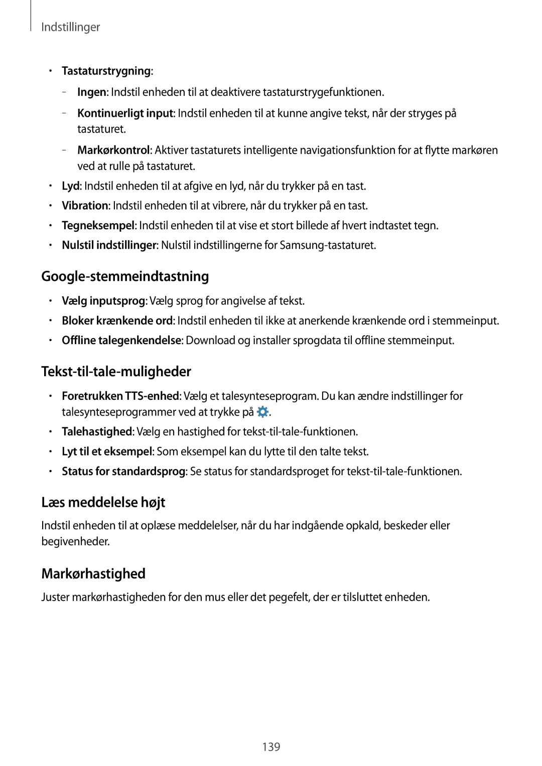 Samsung SM-G870FTSATEN manual Google-stemmeindtastning, Tekst-til-tale-muligheder, Læs meddelelse højt, Markørhastighed 