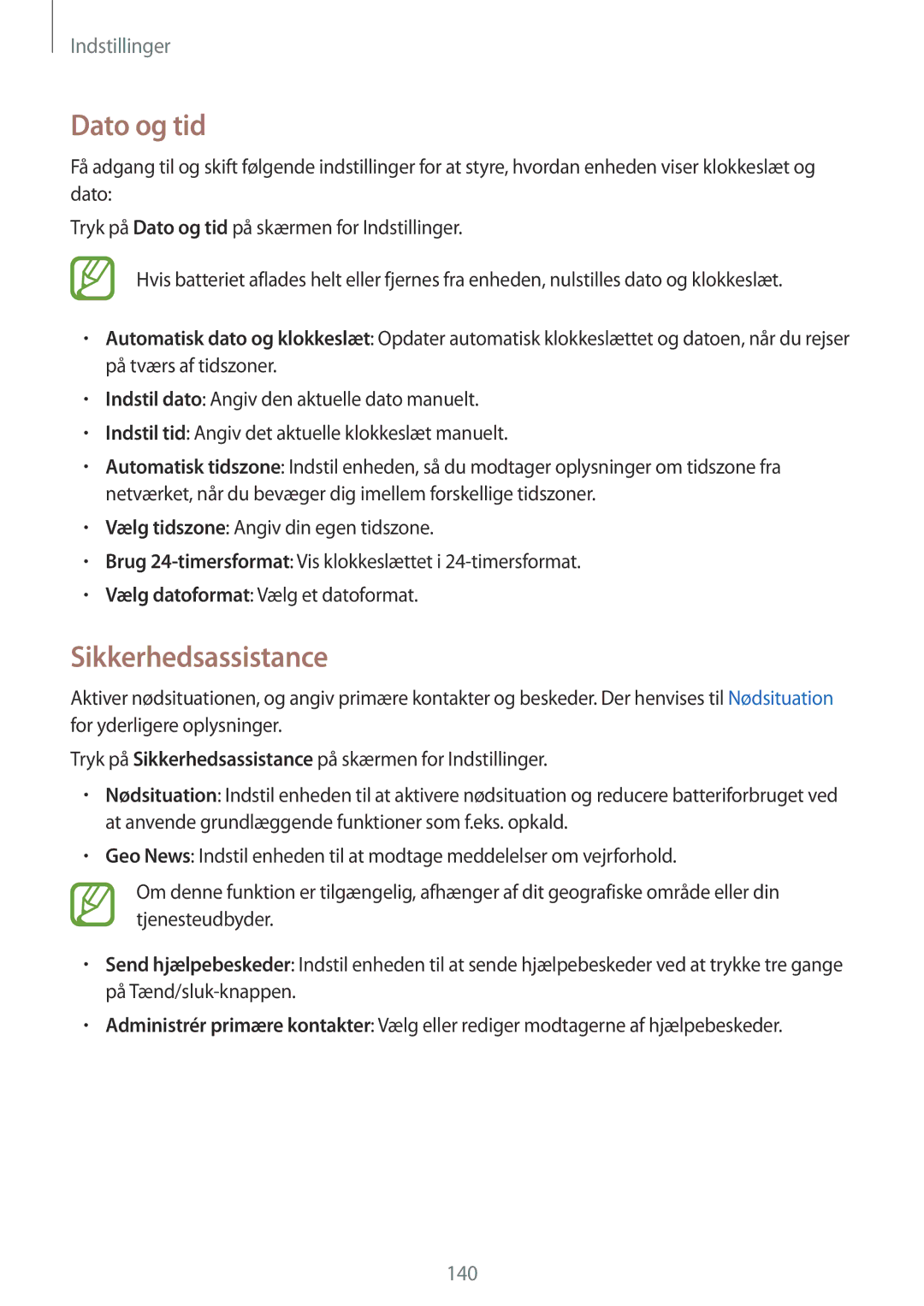 Samsung SM-G870FDGANEE, SM-G870FTSANEE, SM-G870FTSATEN manual Dato og tid, Sikkerhedsassistance 