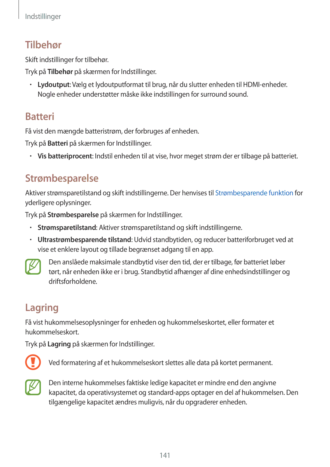 Samsung SM-G870FTSANEE, SM-G870FTSATEN, SM-G870FDGANEE manual Tilbehør, Batteri, Strømbesparelse, Lagring 