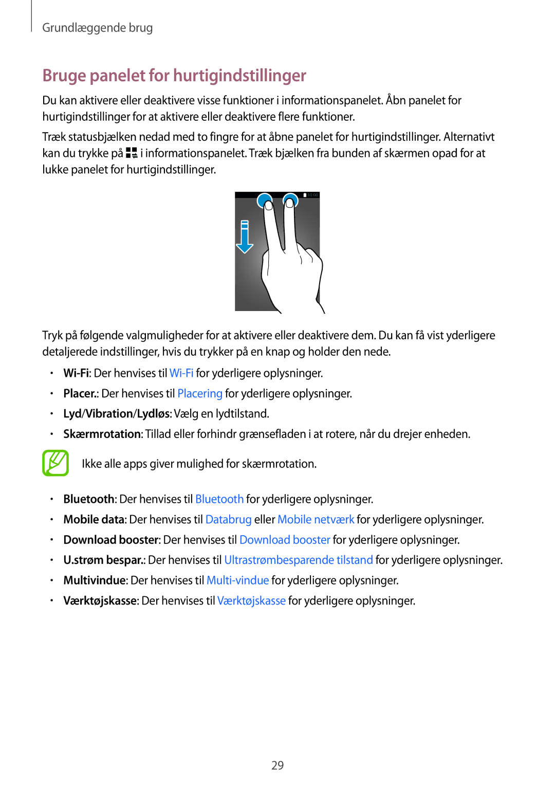 Samsung SM-G870FDGANEE, SM-G870FTSANEE, SM-G870FTSATEN manual Bruge panelet for hurtigindstillinger 