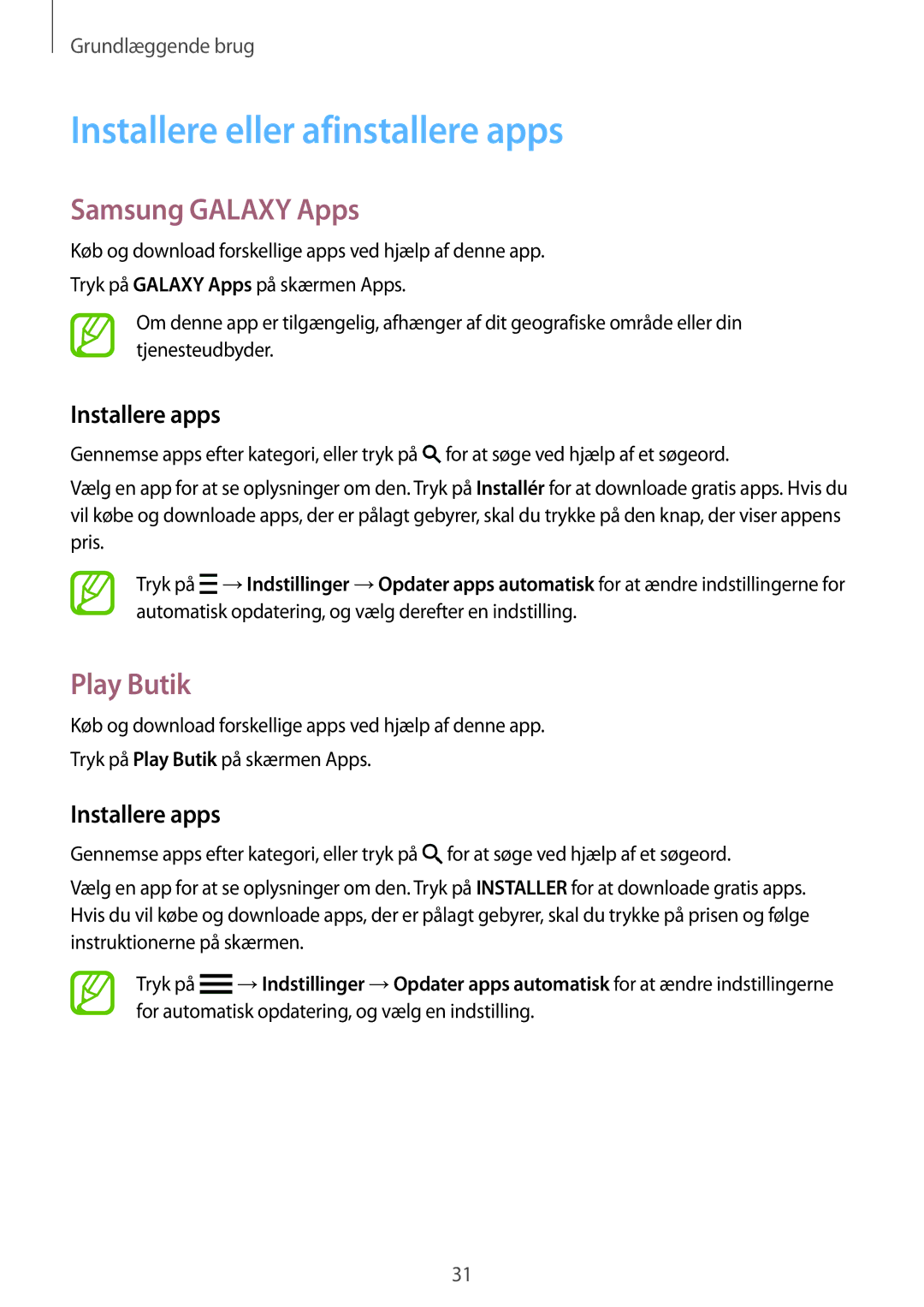 Samsung SM-G870FTSATEN manual Installere eller afinstallere apps, Samsung Galaxy Apps, Play Butik, Installere apps 