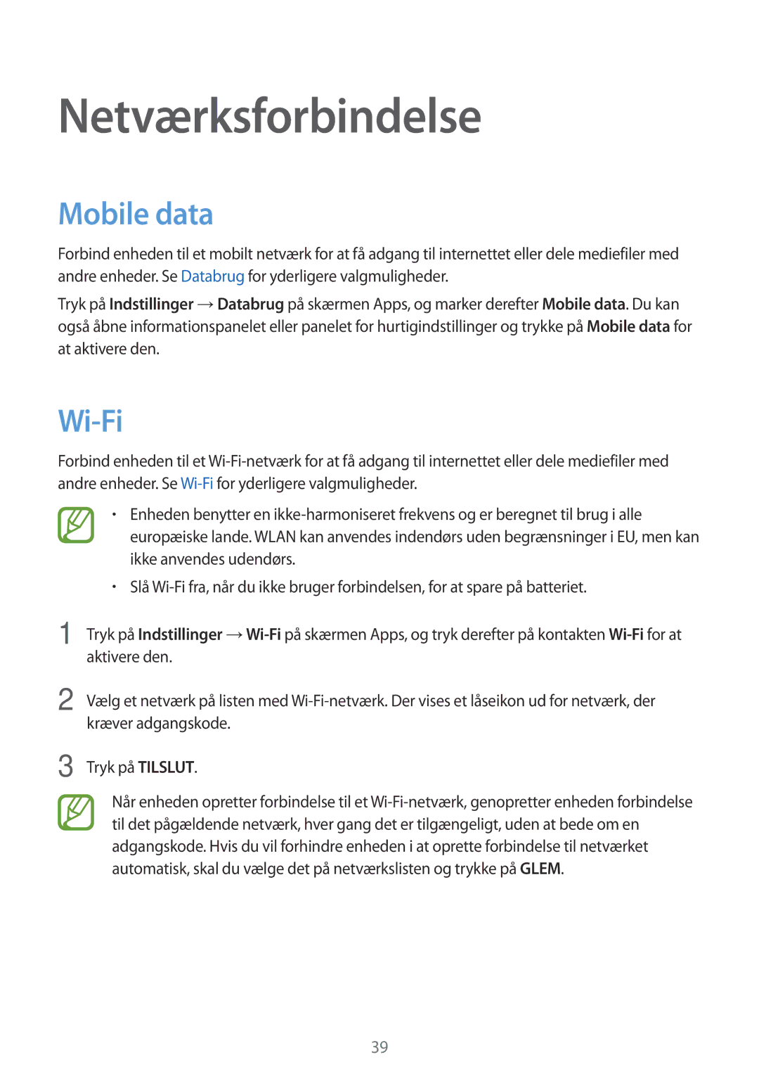 Samsung SM-G870FTSANEE, SM-G870FTSATEN, SM-G870FDGANEE manual Netværksforbindelse, Mobile data, Wi-Fi 