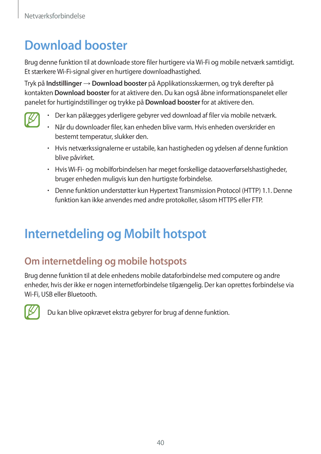 Samsung SM-G870FTSATEN manual Download booster, Internetdeling og Mobilt hotspot, Om internetdeling og mobile hotspots 