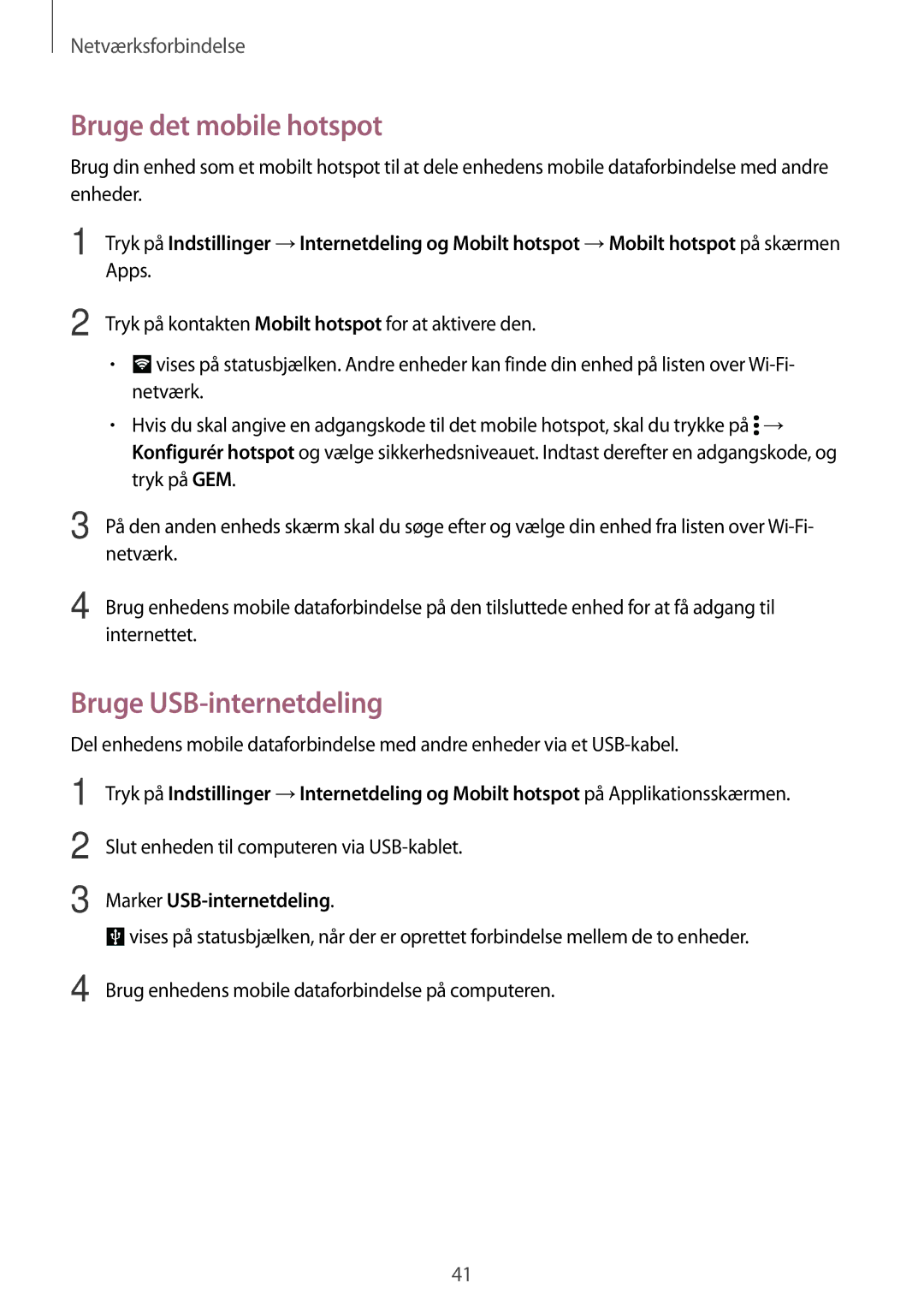 Samsung SM-G870FDGANEE, SM-G870FTSANEE manual Bruge det mobile hotspot, Bruge USB-internetdeling, Marker USB-internetdeling 