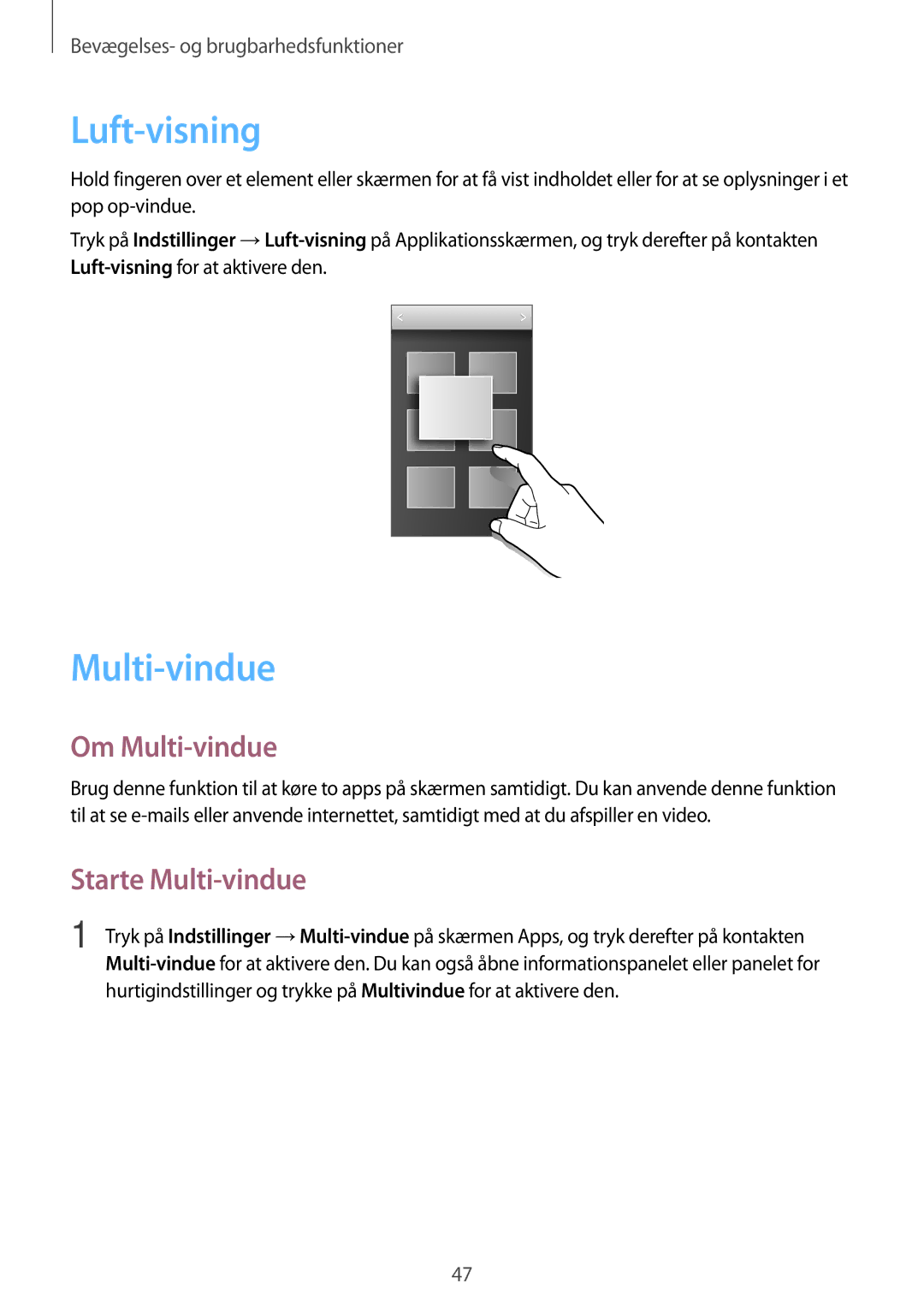 Samsung SM-G870FDGANEE, SM-G870FTSANEE, SM-G870FTSATEN manual Luft-visning, Om Multi-vindue, Starte Multi-vindue 