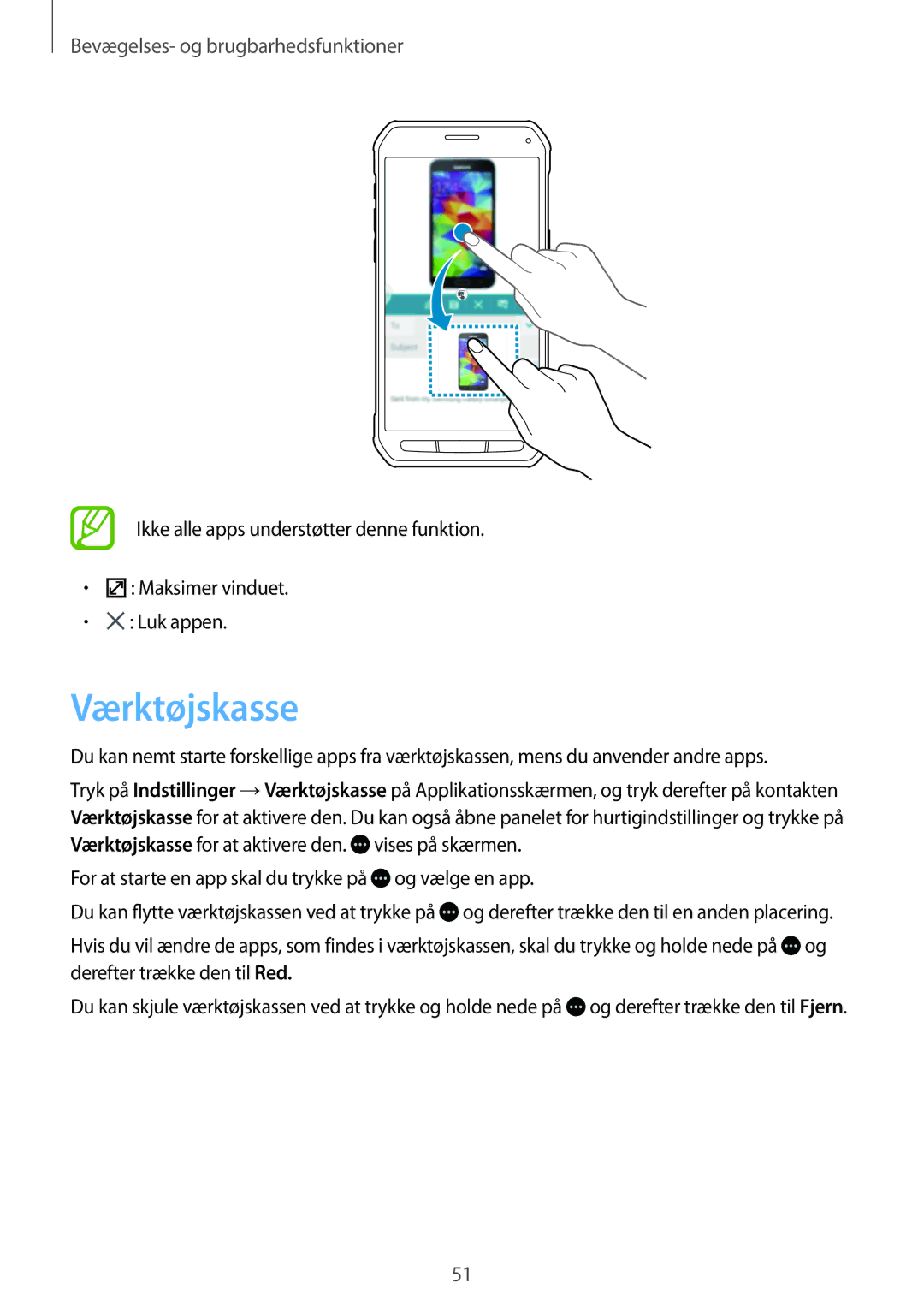 Samsung SM-G870FTSANEE, SM-G870FTSATEN manual Værktøjskasse, For at starte en app skal du trykke på og vælge en app 