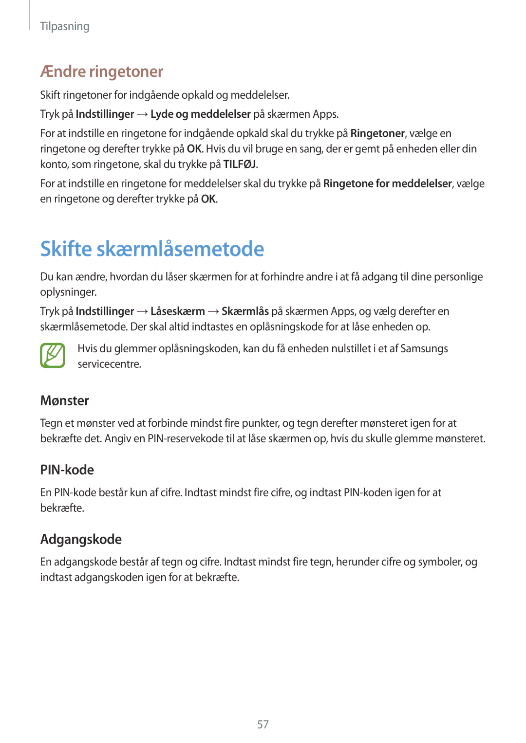 Samsung SM-G870FTSANEE, SM-G870FTSATEN manual Skifte skærmlåsemetode, Ændre ringetoner, Mønster, PIN-kode, Adgangskode 