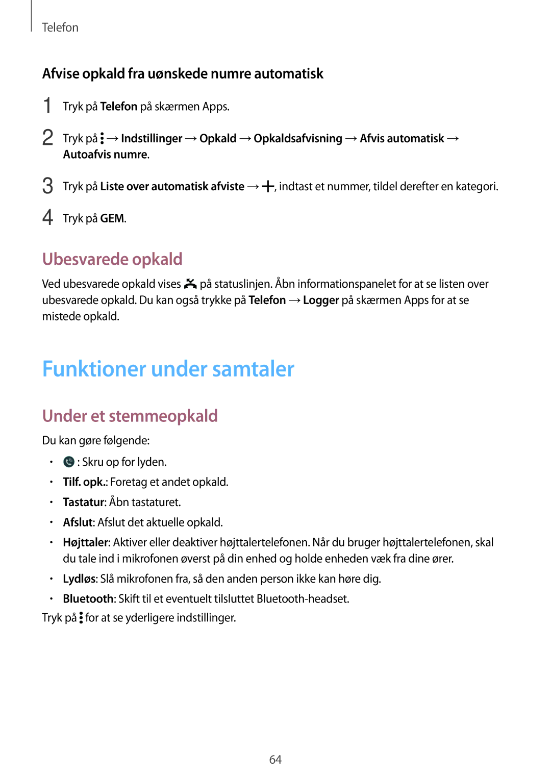 Samsung SM-G870FTSATEN manual Funktioner under samtaler, Ubesvarede opkald, Under et stemmeopkald, Autoafvis numre 