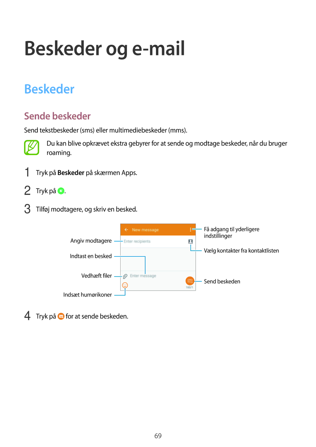 Samsung SM-G870FTSANEE, SM-G870FTSATEN, SM-G870FDGANEE manual Beskeder og e-mail, Sende beskeder 