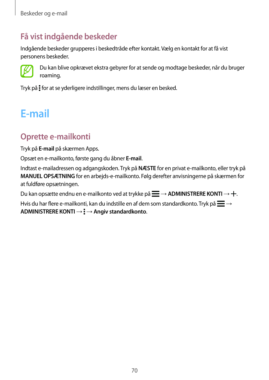 Samsung SM-G870FTSATEN, SM-G870FTSANEE, SM-G870FDGANEE manual Mail, Få vist indgående beskeder, Oprette e-mailkonti 