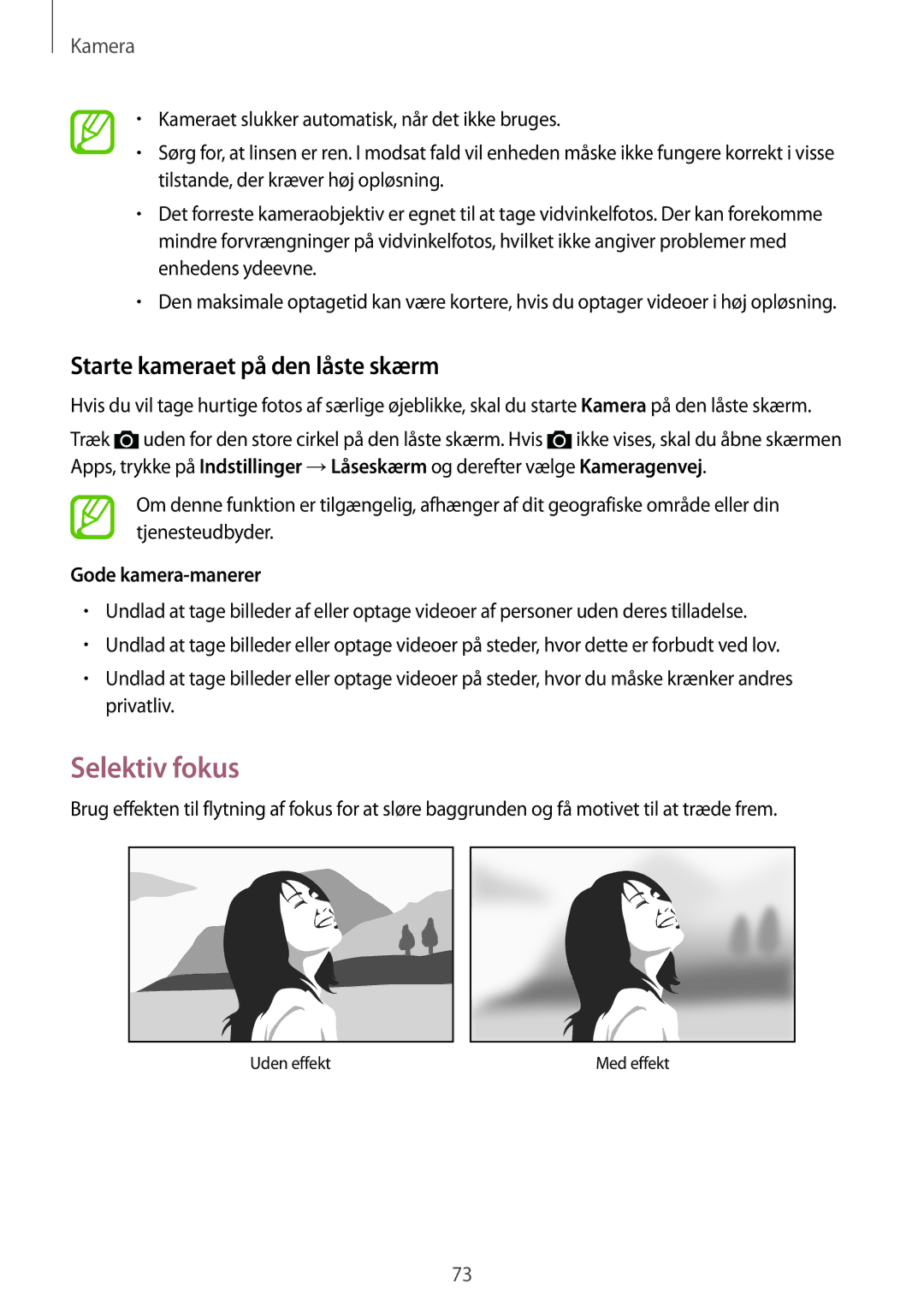 Samsung SM-G870FTSATEN, SM-G870FTSANEE manual Selektiv fokus, Starte kameraet på den låste skærm, Gode kamera-manerer 