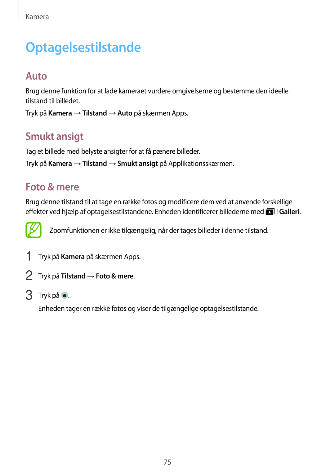 Samsung SM-G870FTSANEE, SM-G870FTSATEN manual Optagelsestilstande, Auto, Smukt ansigt, Tryk på Tilstand →Foto & mere 