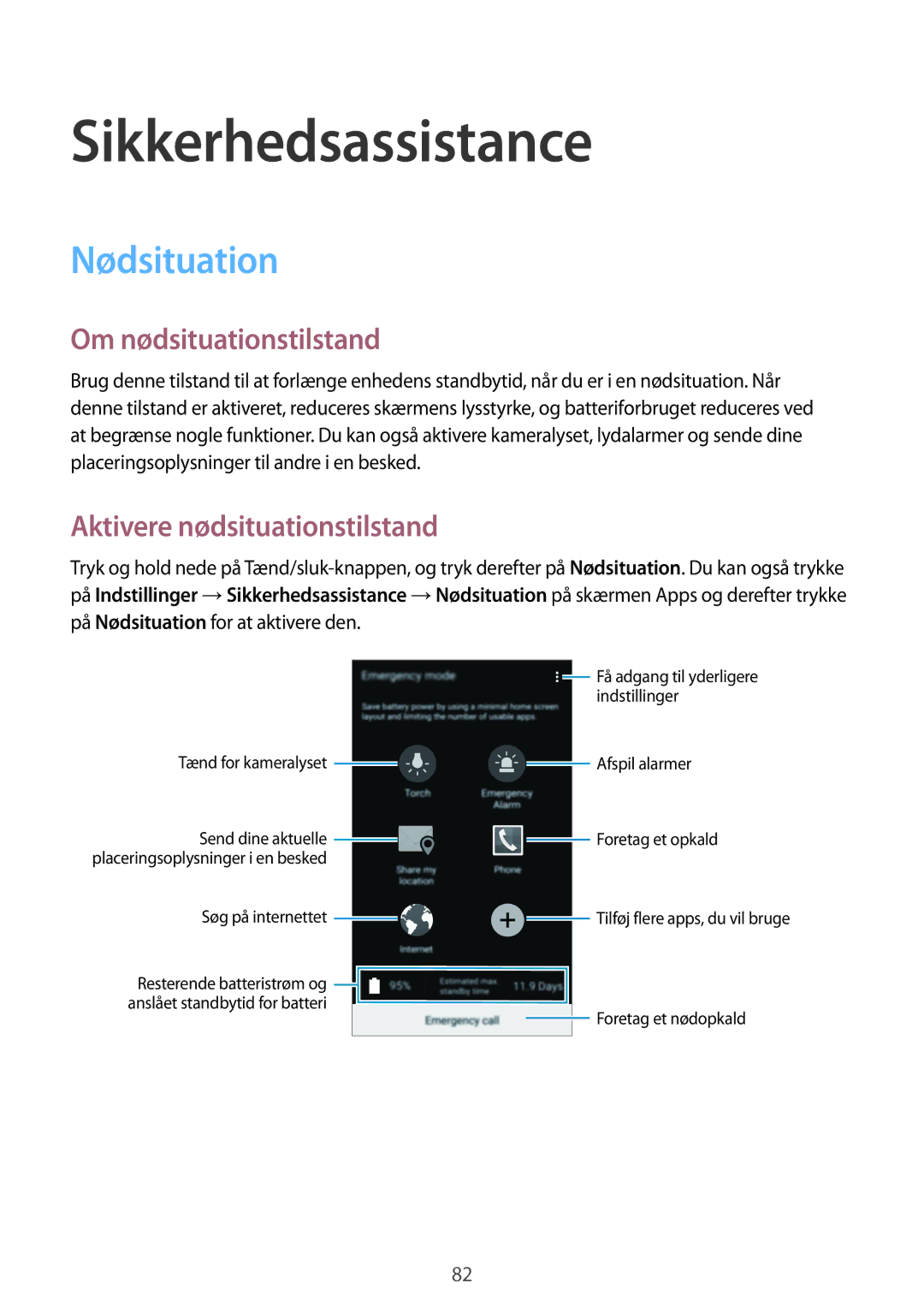 Samsung SM-G870FTSATEN manual Sikkerhedsassistance, Nødsituation, Om nødsituationstilstand, Aktivere nødsituationstilstand 