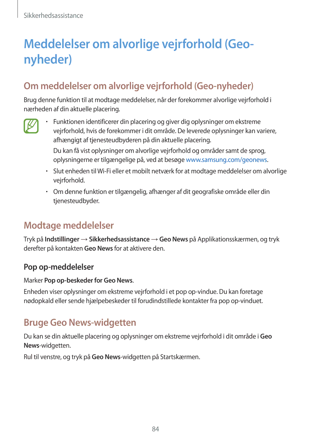 Samsung SM-G870FTSANEE Meddelelser om alvorlige vejrforhold Geo- nyheder, Modtage meddelelser, Bruge Geo News-widgetten 