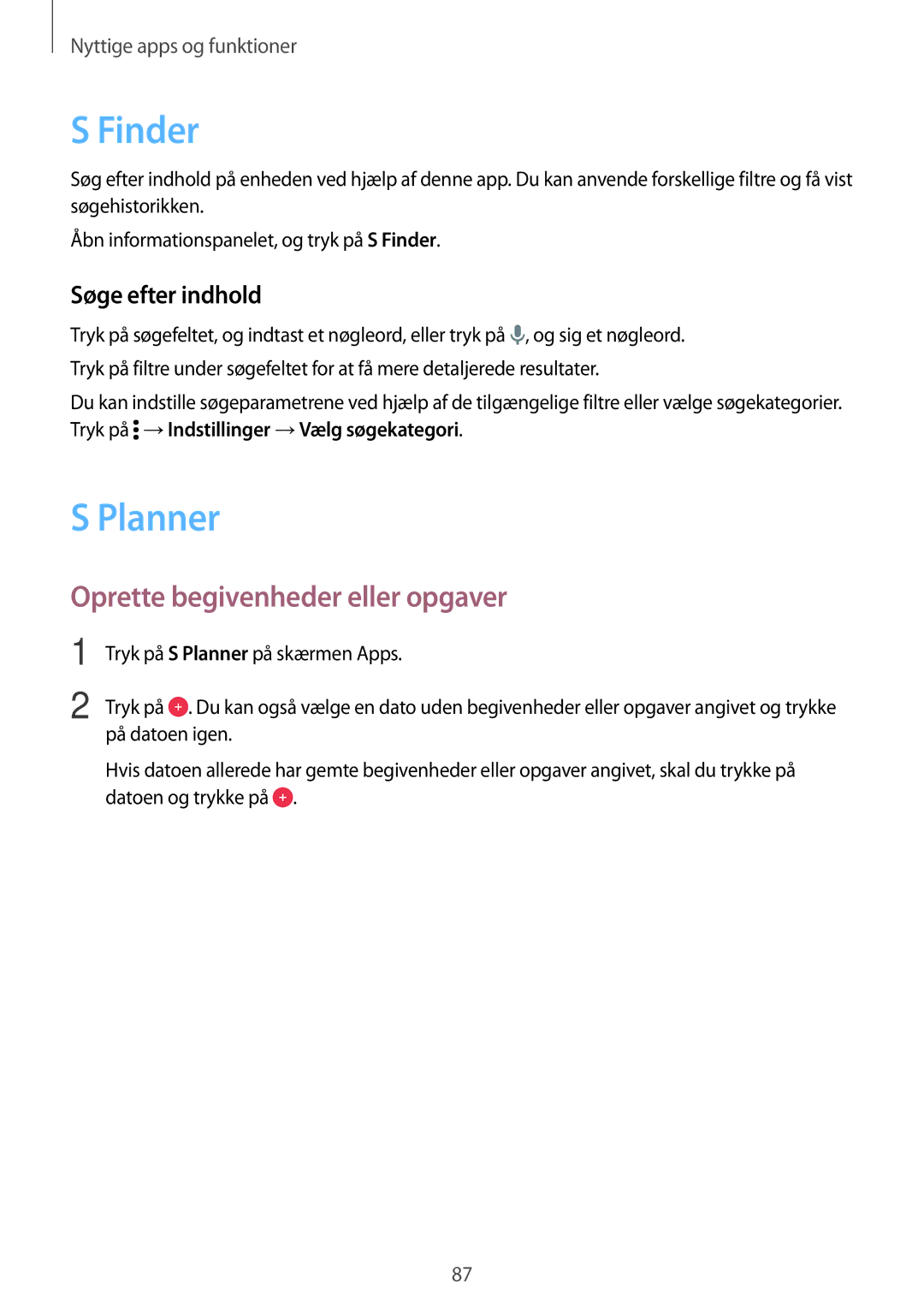 Samsung SM-G870FTSANEE, SM-G870FTSATEN manual Finder, Planner, Oprette begivenheder eller opgaver, Søge efter indhold 