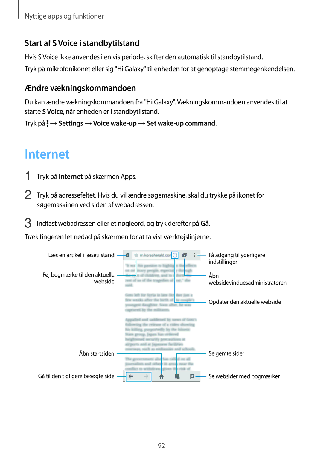 Samsung SM-G870FDGANEE, SM-G870FTSANEE manual Internet, Start af S Voice i standbytilstand, Ændre vækningskommandoen 