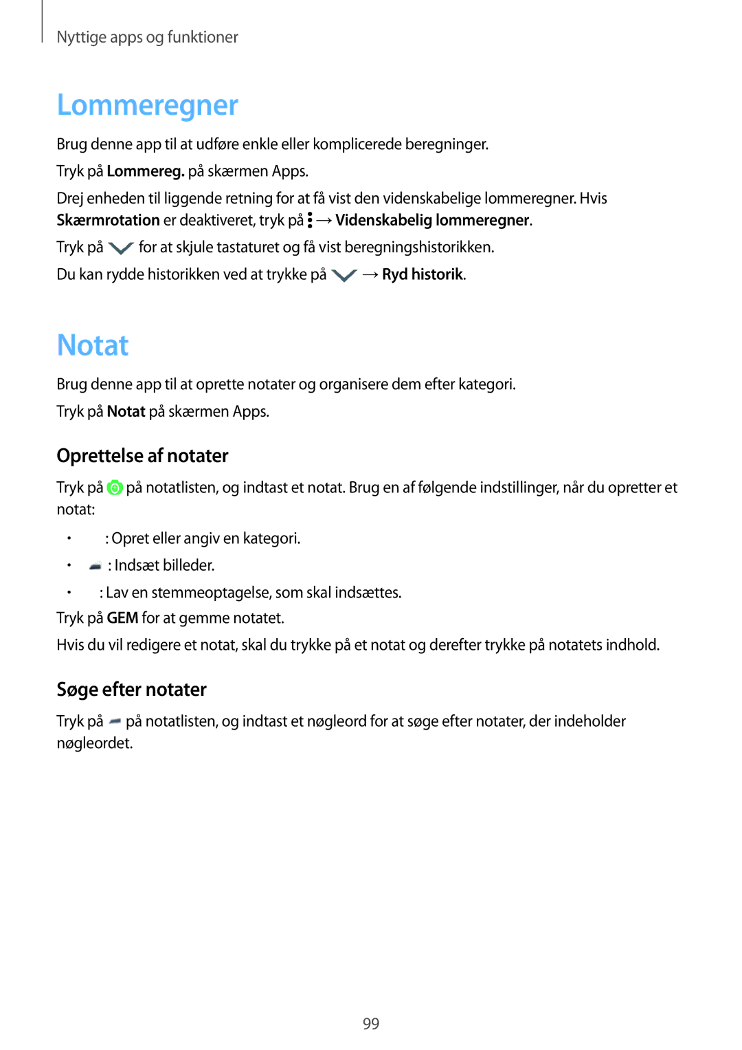 Samsung SM-G870FTSANEE, SM-G870FTSATEN, SM-G870FDGANEE manual Lommeregner, Notat, Oprettelse af notater, Søge efter notater 