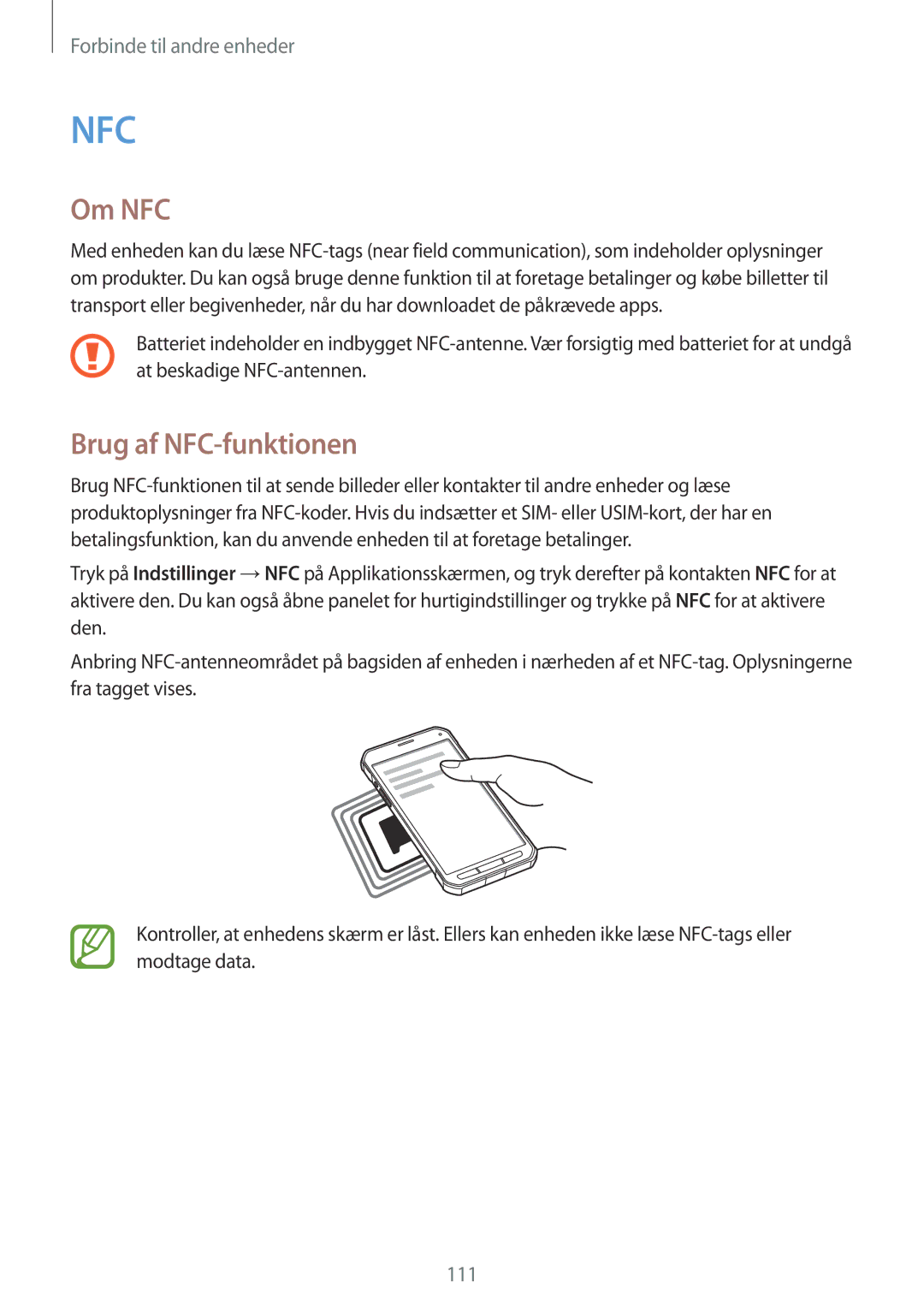 Samsung SM-G870FTSANEE, SM-G870FTSATEN, SM-G870FDGANEE manual Om NFC, Brug af NFC-funktionen 