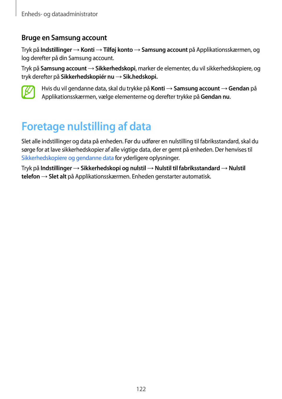 Samsung SM-G870FDGANEE, SM-G870FTSANEE, SM-G870FTSATEN manual Foretage nulstilling af data, Bruge en Samsung account 