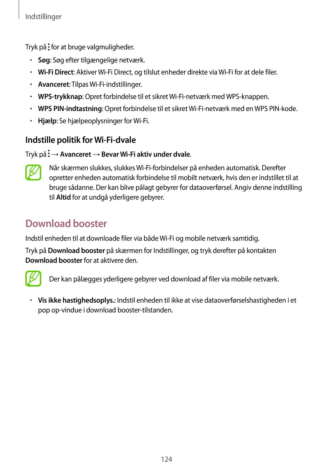 Samsung SM-G870FTSATEN, SM-G870FTSANEE, SM-G870FDGANEE manual Download booster, Indstille politik for Wi-Fi-dvale 