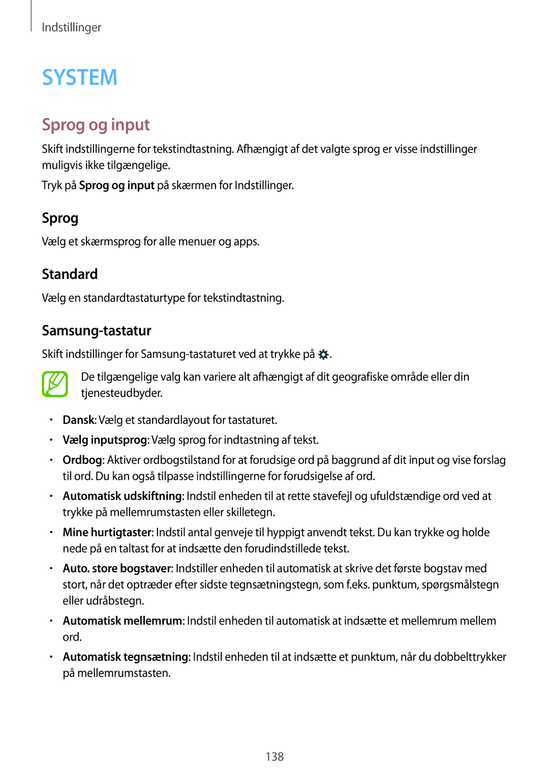Samsung SM-G870FTSANEE, SM-G870FTSATEN, SM-G870FDGANEE manual Sprog og input, Standard, Samsung-tastatur 
