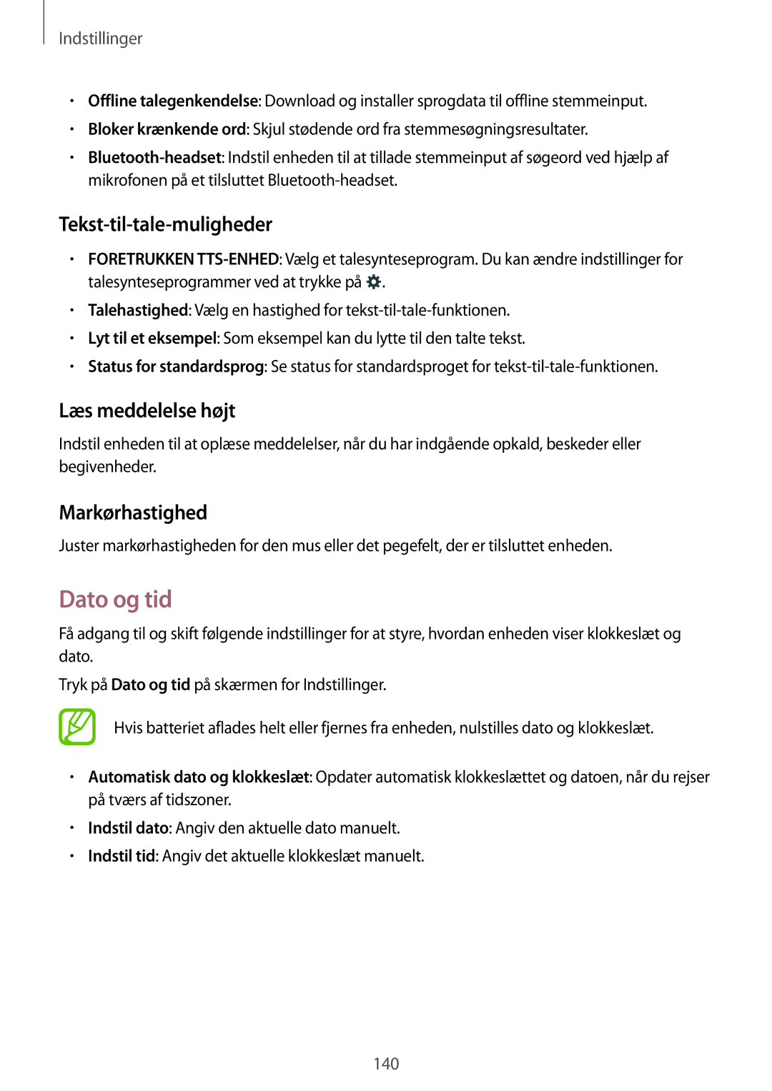 Samsung SM-G870FDGANEE, SM-G870FTSANEE manual Dato og tid, Tekst-til-tale-muligheder, Læs meddelelse højt, Markørhastighed 