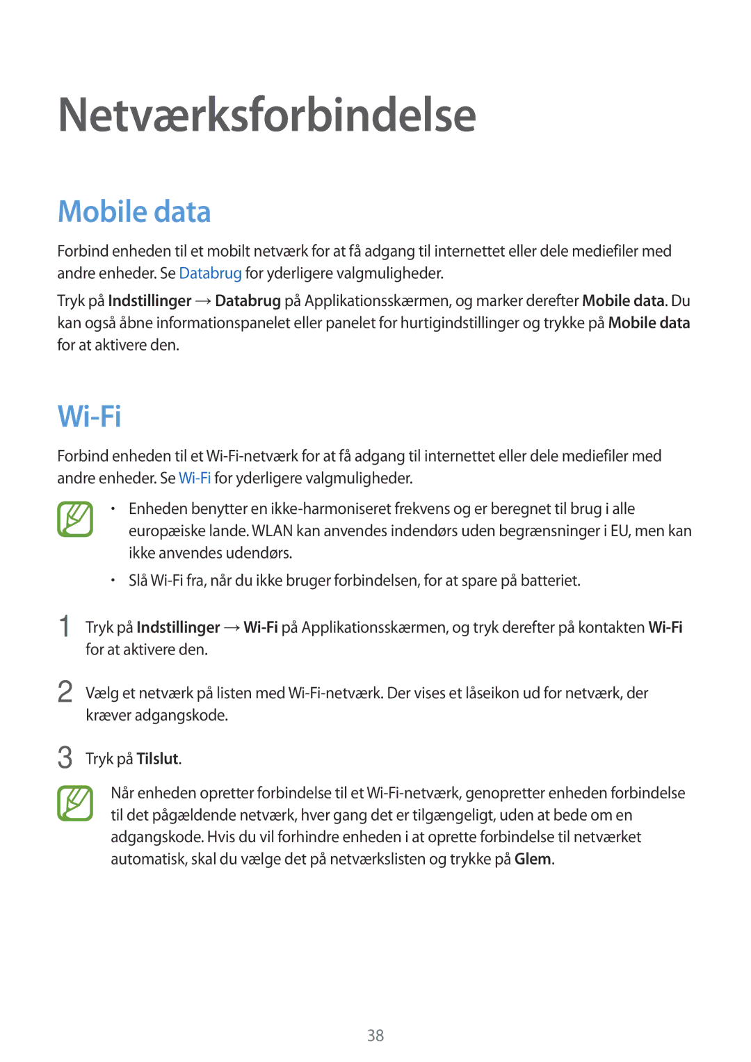 Samsung SM-G870FDGANEE, SM-G870FTSANEE, SM-G870FTSATEN manual Netværksforbindelse, Mobile data, Wi-Fi 