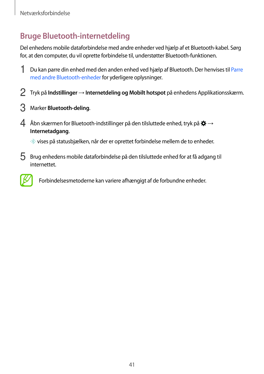 Samsung SM-G870FDGANEE, SM-G870FTSANEE, SM-G870FTSATEN manual Bruge Bluetooth-internetdeling, Marker Bluetooth-deling 