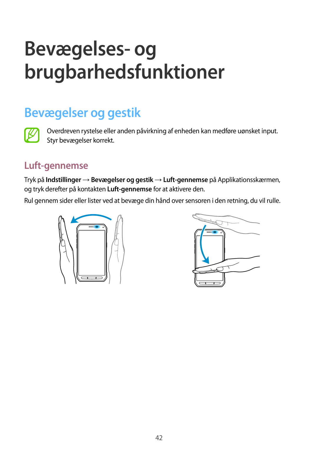 Samsung SM-G870FTSANEE, SM-G870FTSATEN, SM-G870FDGANEE manual Bevægelser og gestik, Luft-gennemse 