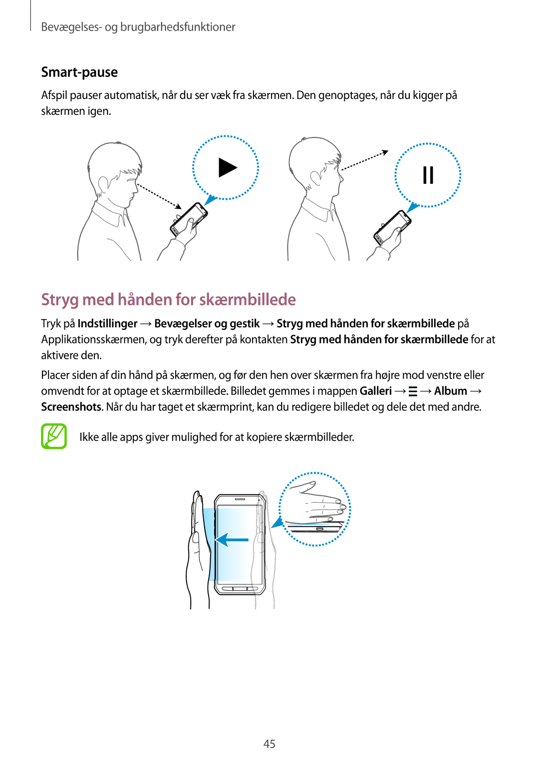 Samsung SM-G870FTSANEE, SM-G870FTSATEN, SM-G870FDGANEE manual Stryg med hånden for skærmbillede, Smart-pause 