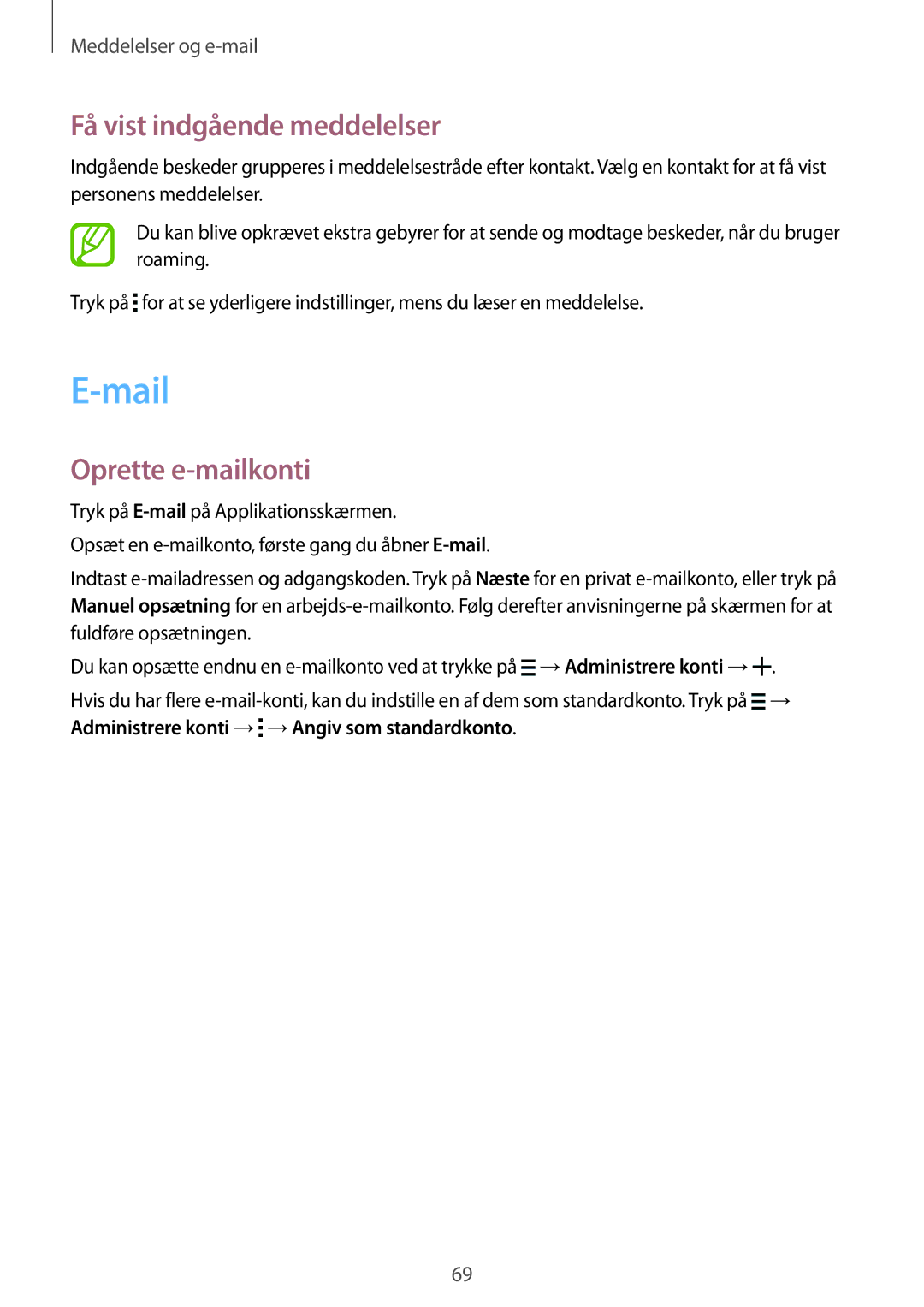 Samsung SM-G870FTSANEE, SM-G870FTSATEN, SM-G870FDGANEE manual Mail, Få vist indgående meddelelser, Oprette e-mailkonti 