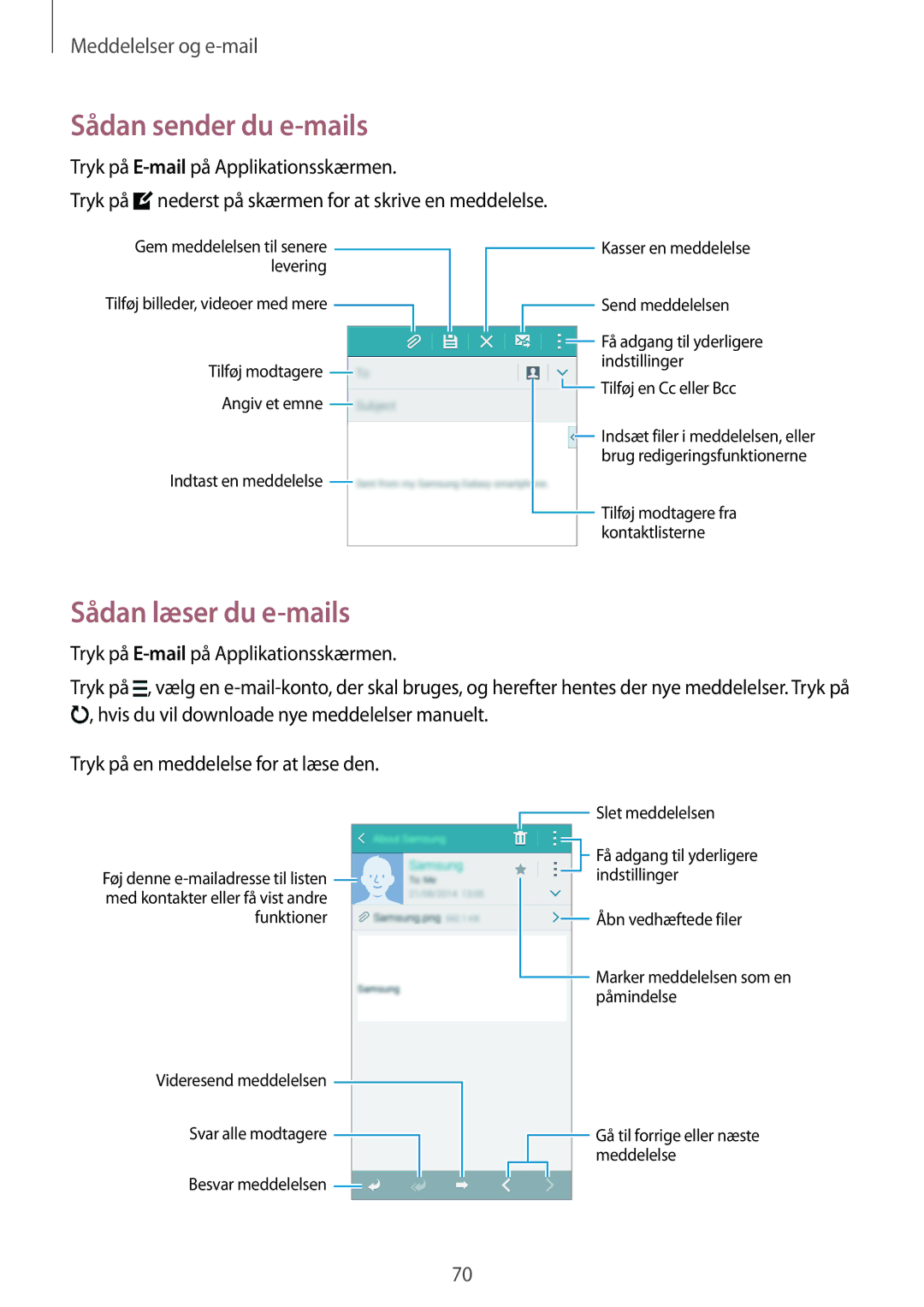 Samsung SM-G870FTSATEN, SM-G870FTSANEE, SM-G870FDGANEE manual Sådan sender du e-mails, Sådan læser du e-mails 