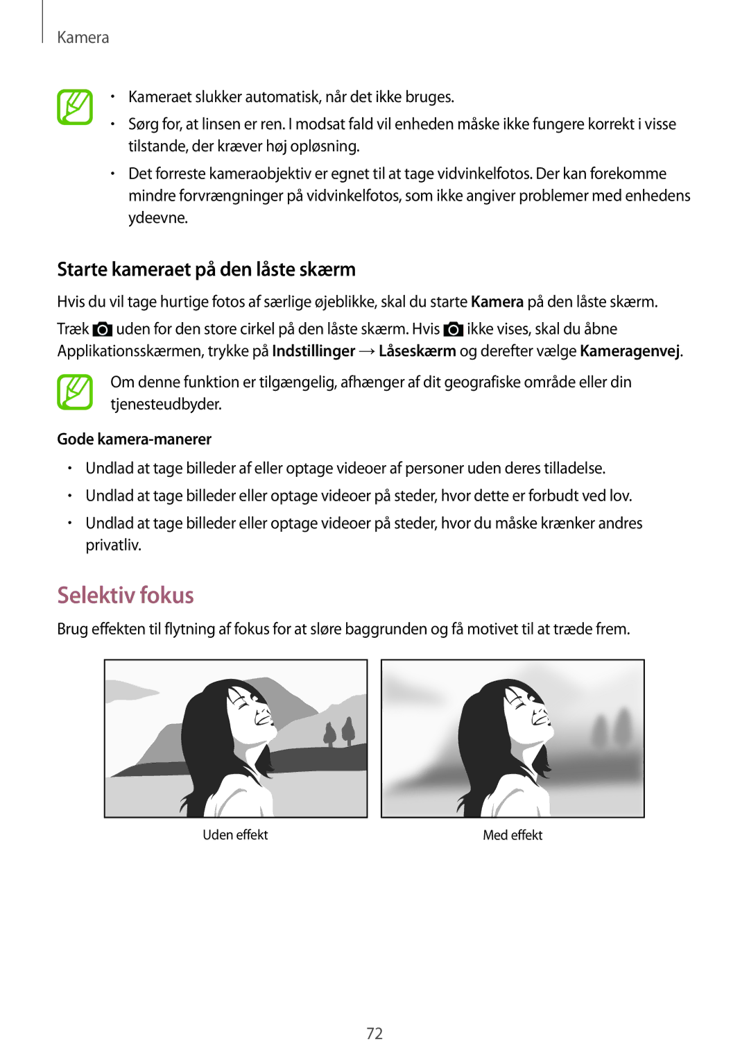 Samsung SM-G870FTSANEE, SM-G870FTSATEN manual Selektiv fokus, Starte kameraet på den låste skærm, Gode kamera-manerer 