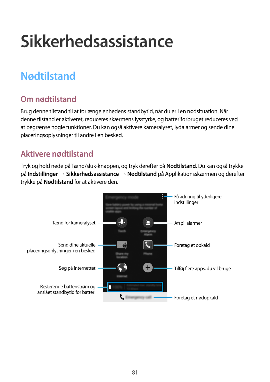 Samsung SM-G870FTSANEE, SM-G870FTSATEN manual Sikkerhedsassistance, Nødtilstand, Om nødtilstand, Aktivere nødtilstand 