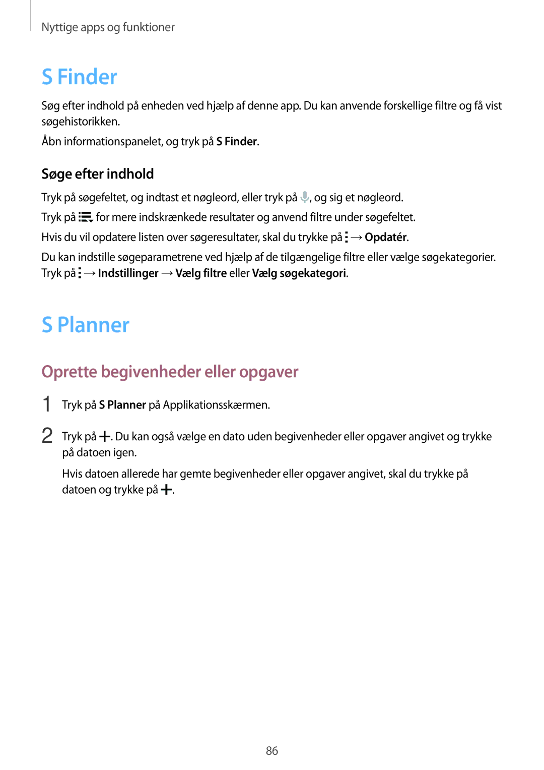 Samsung SM-G870FDGANEE, SM-G870FTSANEE manual Finder, Planner, Oprette begivenheder eller opgaver, Søge efter indhold 