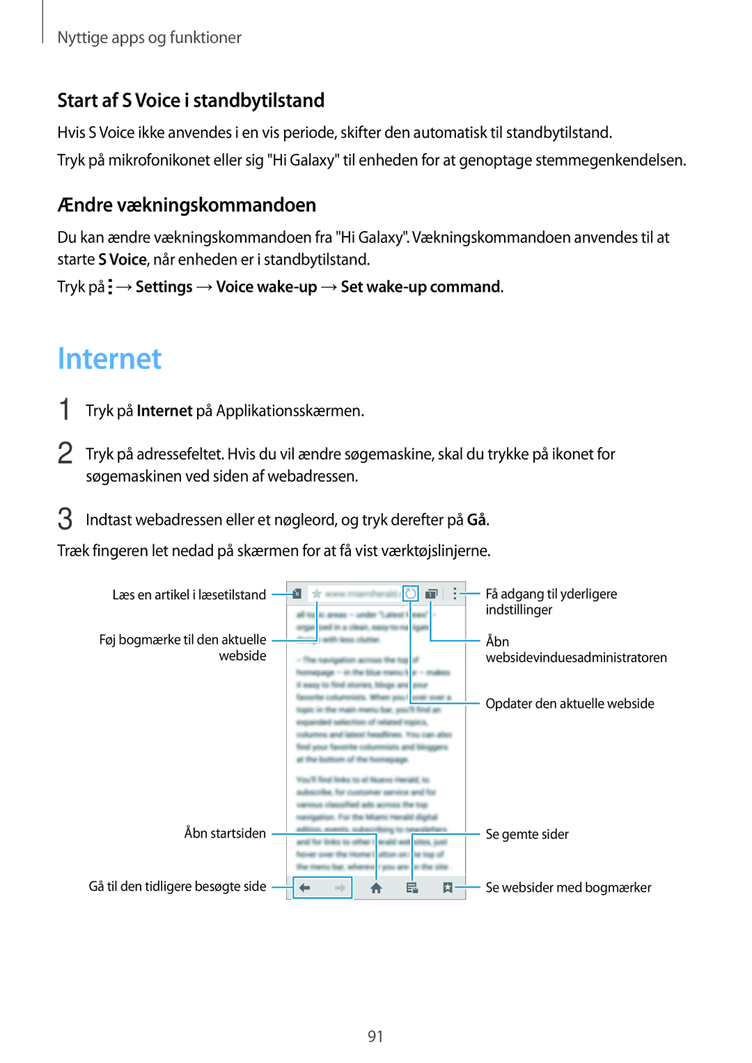 Samsung SM-G870FTSATEN, SM-G870FTSANEE manual Internet, Start af S Voice i standbytilstand, Ændre vækningskommandoen 