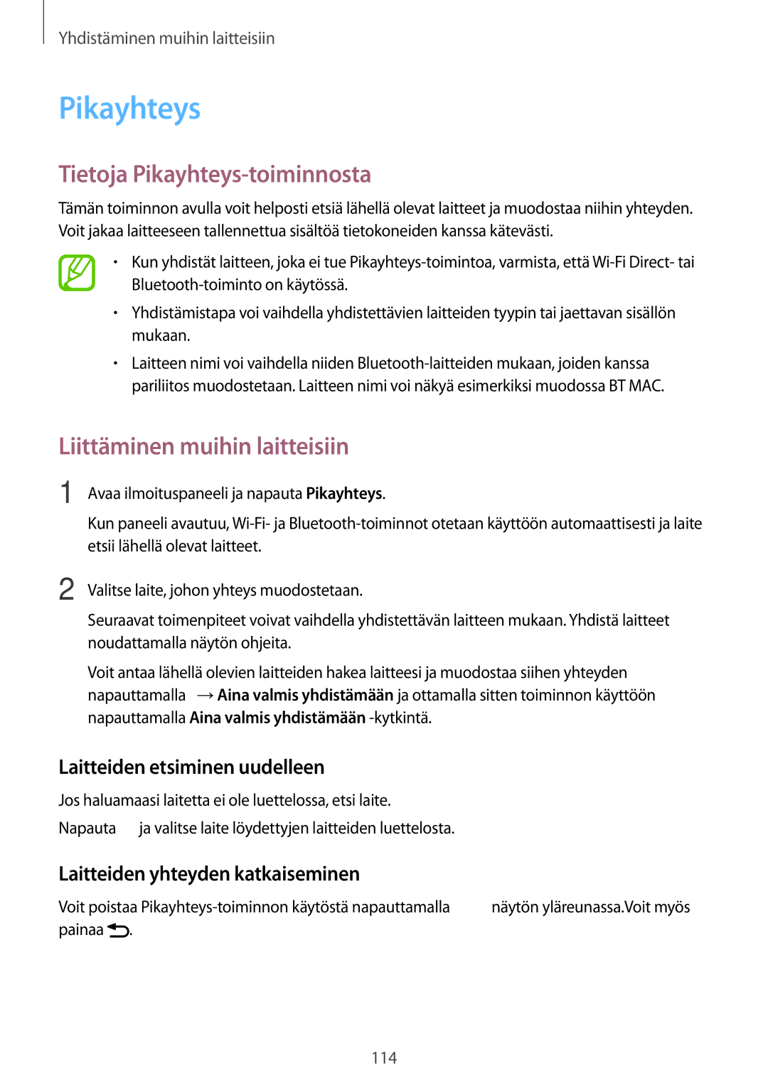 Samsung SM-G870FTSANEE, SM-G870FTSATEN, SM-G870FDGANEE Tietoja Pikayhteys-toiminnosta, Laitteiden etsiminen uudelleen 