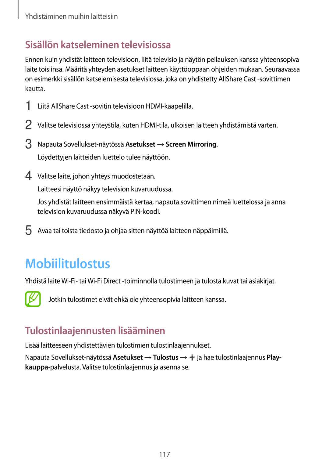 Samsung SM-G870FTSANEE manual Mobiilitulostus, Sisällön katseleminen televisiossa, Tulostinlaajennusten lisääminen 