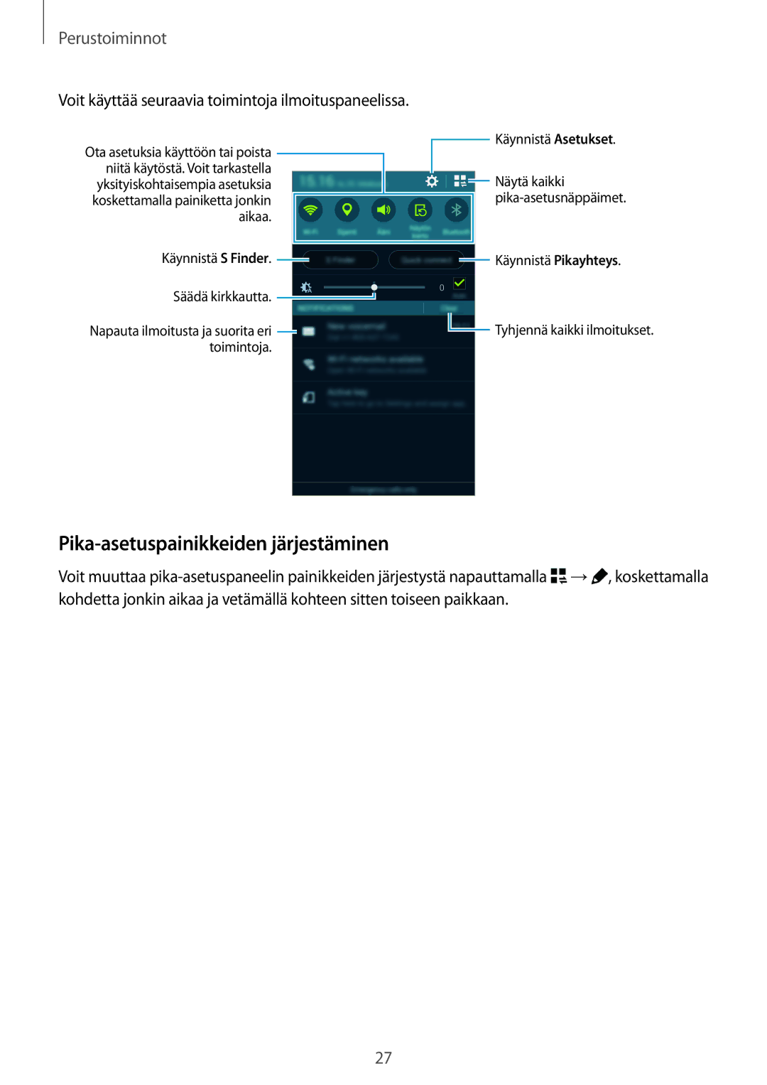 Samsung SM-G870FTSANEE manual Pika-asetuspainikkeiden järjestäminen, Voit käyttää seuraavia toimintoja ilmoituspaneelissa 