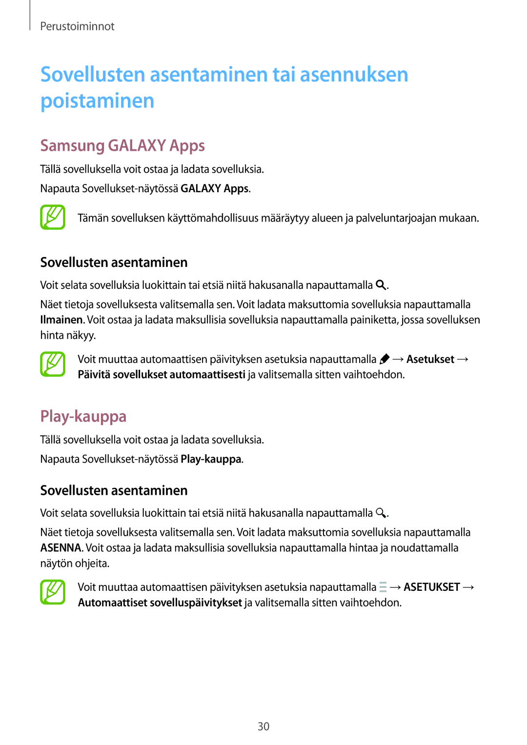 Samsung SM-G870FTSANEE manual Sovellusten asentaminen tai asennuksen poistaminen, Samsung Galaxy Apps, Play-kauppa 