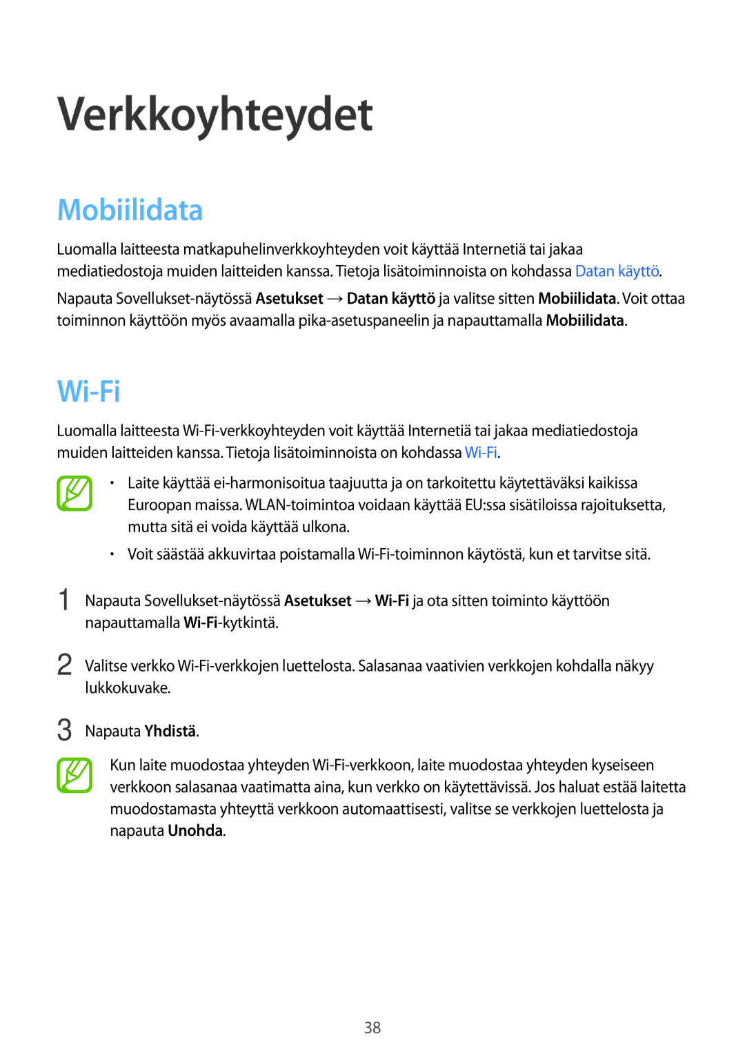 Samsung SM-G870FDGANEE, SM-G870FTSANEE, SM-G870FTSATEN manual Verkkoyhteydet, Mobiilidata, Wi-Fi 