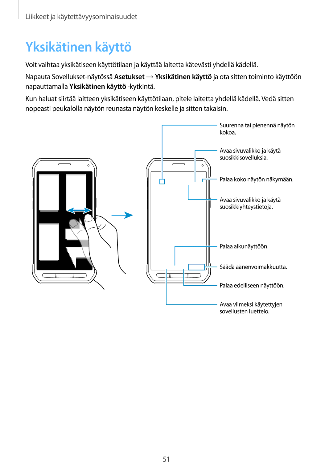 Samsung SM-G870FTSANEE, SM-G870FTSATEN, SM-G870FDGANEE manual Yksikätinen käyttö, Palaa alkunäyttöön 