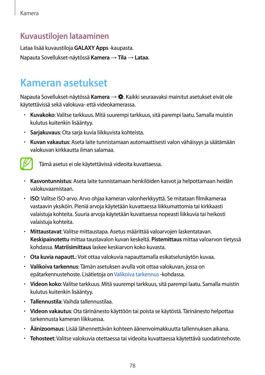 Samsung SM-G870FTSANEE, SM-G870FTSATEN, SM-G870FDGANEE manual Kameran asetukset, Kuvaustilojen lataaminen 