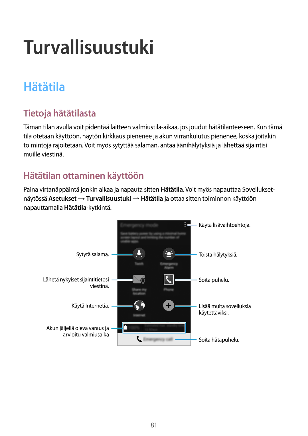 Samsung SM-G870FTSANEE, SM-G870FTSATEN manual Turvallisuustuki, Tietoja hätätilasta, Hätätilan ottaminen käyttöön 