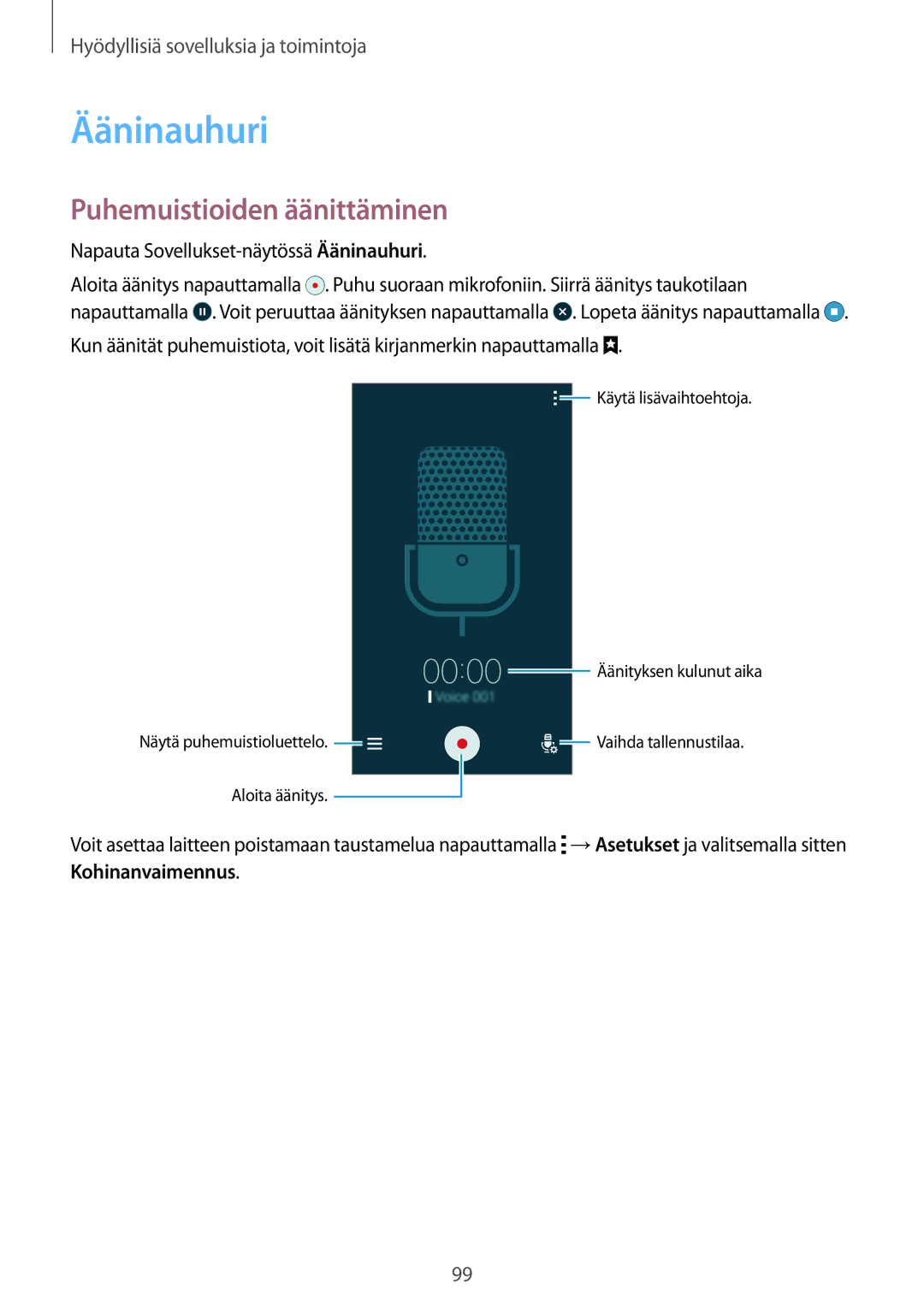 Samsung SM-G870FTSANEE, SM-G870FTSATEN manual Puhemuistioiden äänittäminen, Napauta Sovellukset-näytössä Ääninauhuri 