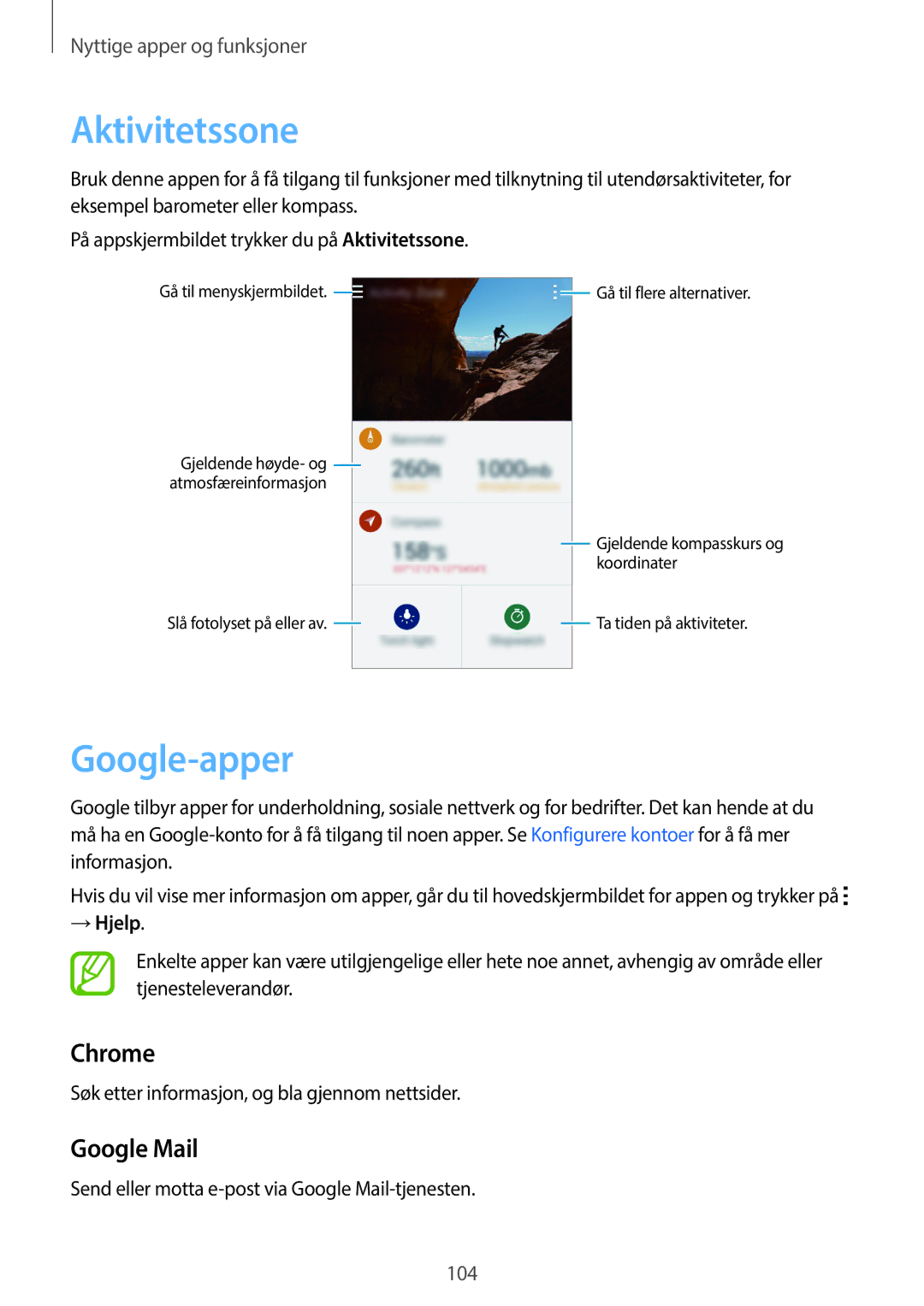 Samsung SM-G870FDGANEE manual Aktivitetssone, Google-apper, → Hjelp, Søk etter informasjon, og bla gjennom nettsider 